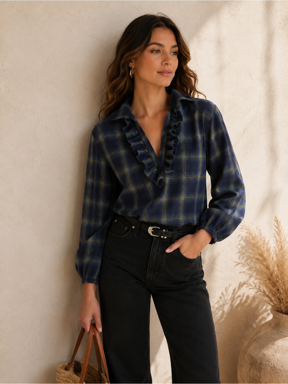 Nation LTD NWT Beckett Starry Night Blue Plaid Ruffle Long Sleeve Blouse